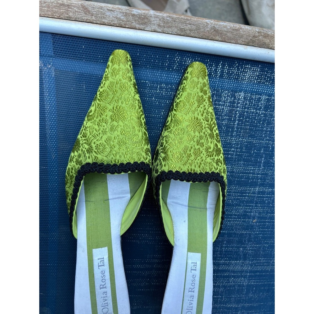 Olivia Rose Tal Green Brocade Pointed Toe Kitten Heel Mules Shoes Size 9